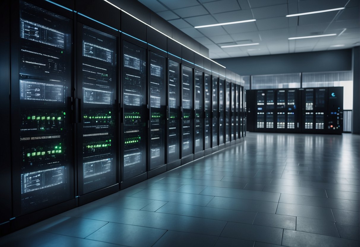 A secure facility with locked servers and data erasure equipment. Backup systems and continuity plans displayed on the wall