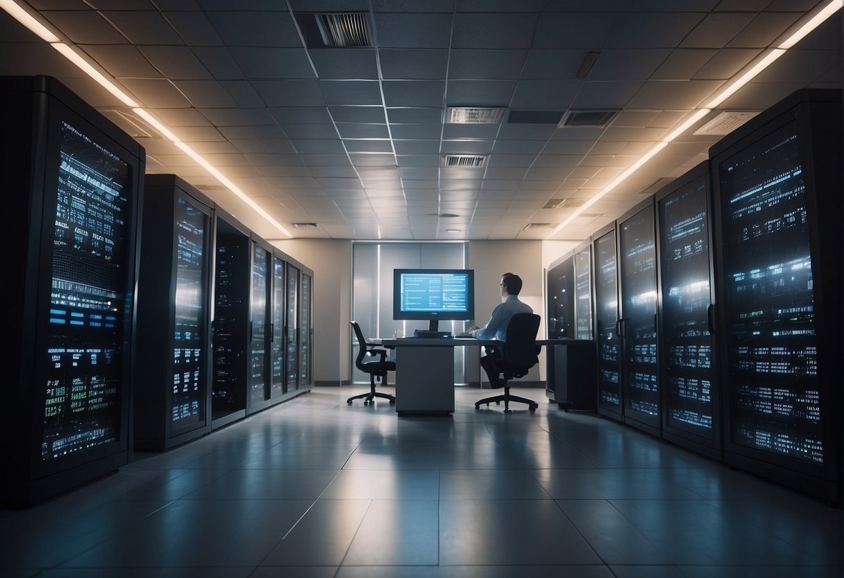 A server room with flashing lights and a large "Data Erasure" message on a screen, while employees frantically work to restore lost data