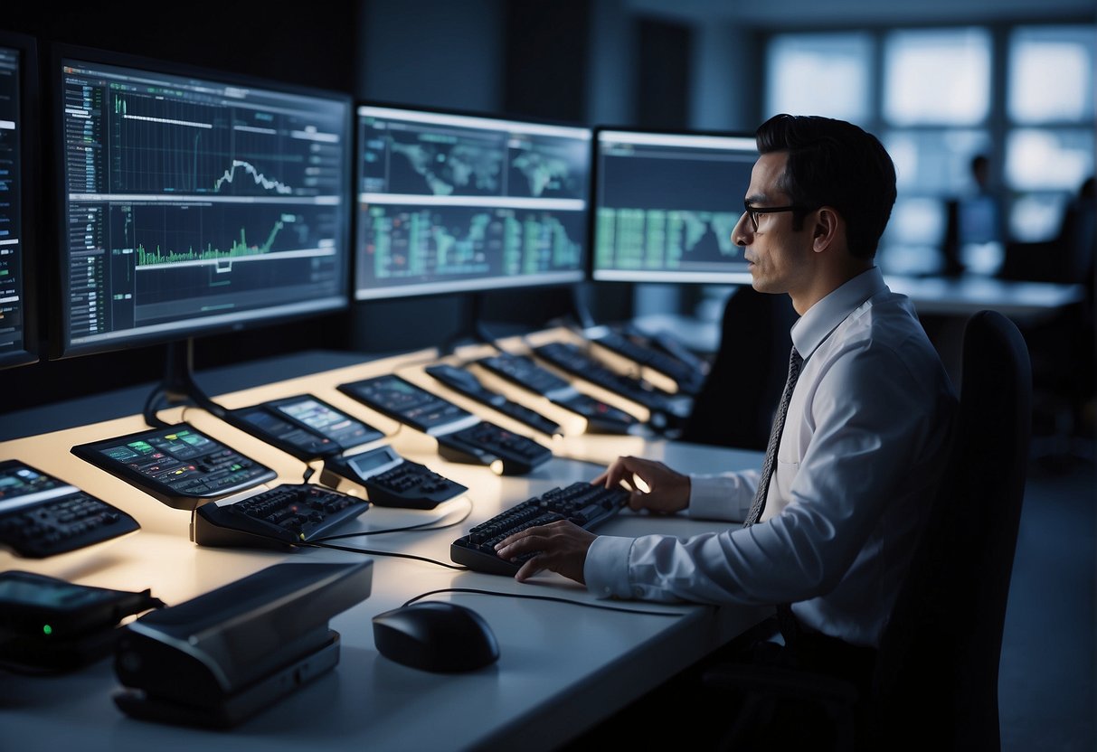 A business setting with computers and servers, a person conducting risk assessment, and data being erased from electronic devices