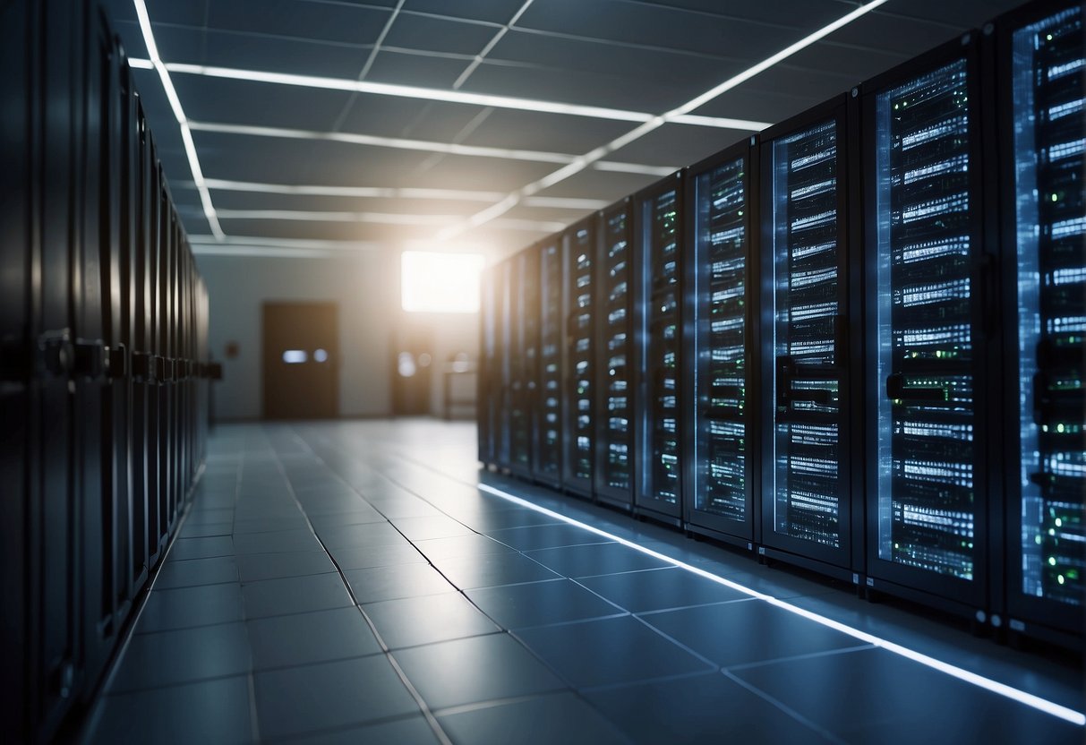 A server room with blinking lights and rows of computer racks, a technician erasing data from a hard drive, a diagram of business continuity planning on a nearby whiteboard