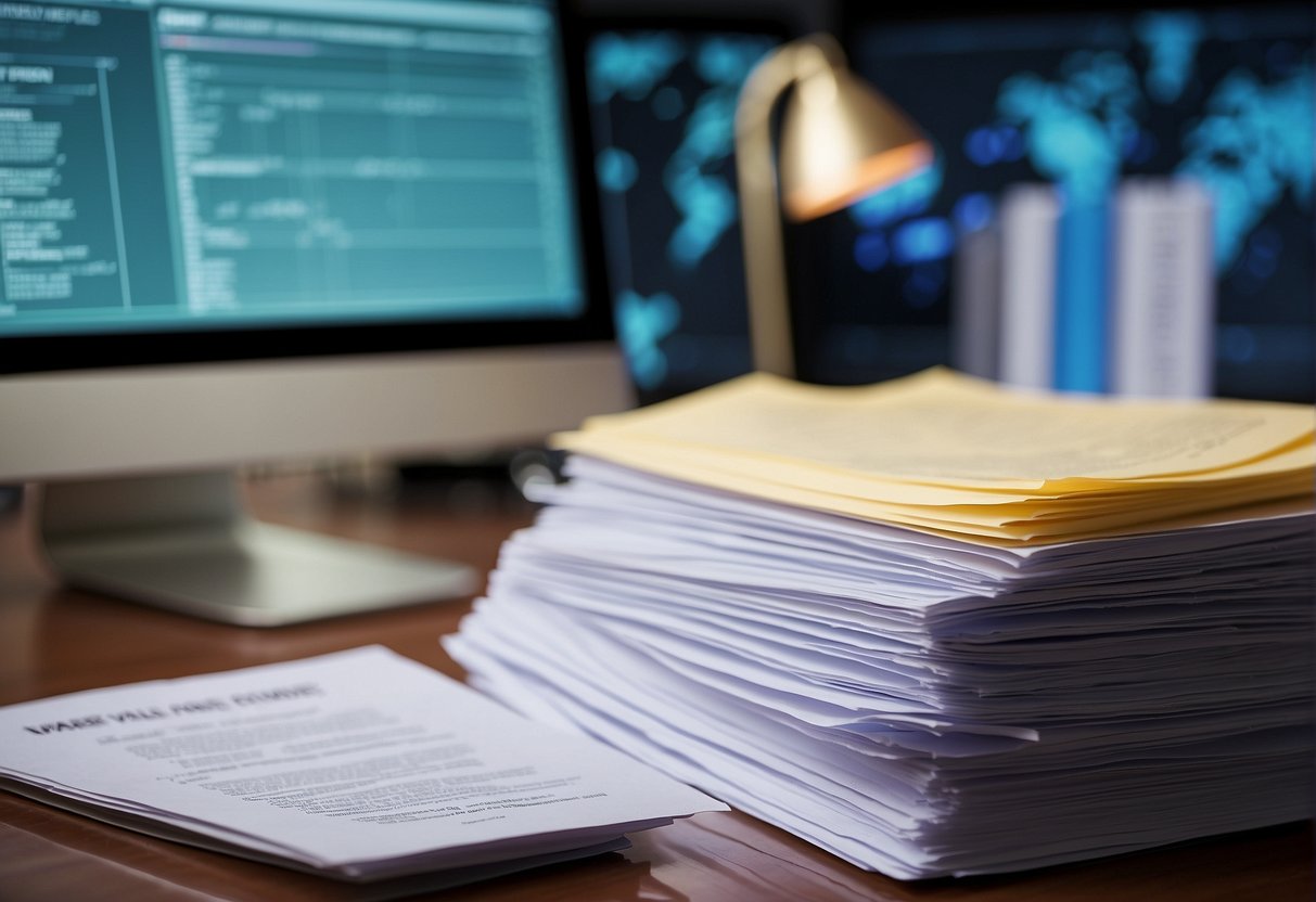 A stack of legal documents, compliance guidelines, and industry standards lies on a desk. A computer screen displays the impact of data erasure on business continuity planning