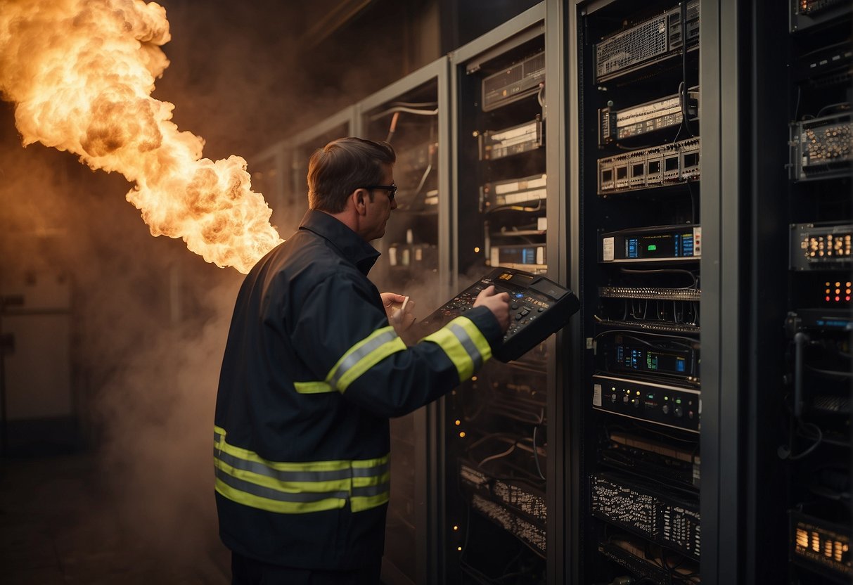 A server room engulfed in flames, with smoke billowing out, as a technician desperately tries to salvage the remaining data from the burning equipment