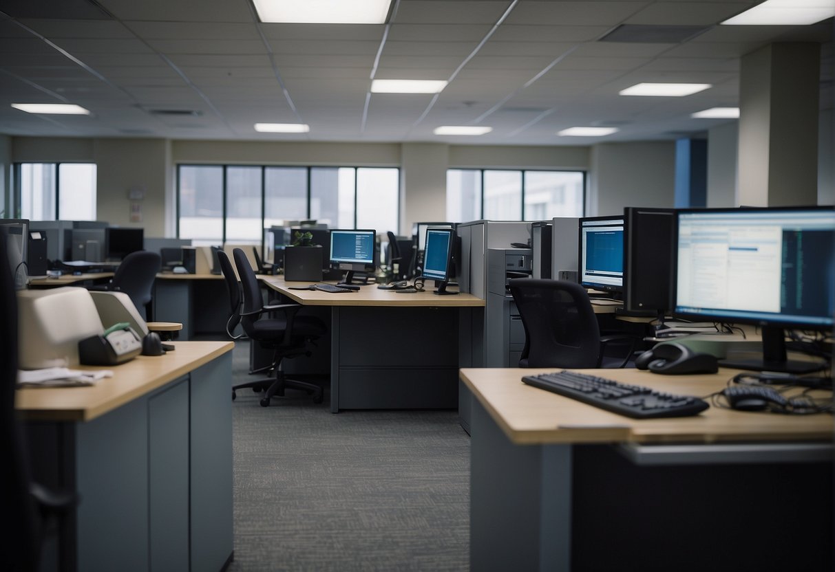 A bustling office with computers and servers being wiped clean. Empty desks and worried employees. A looming deadline for business continuity planning