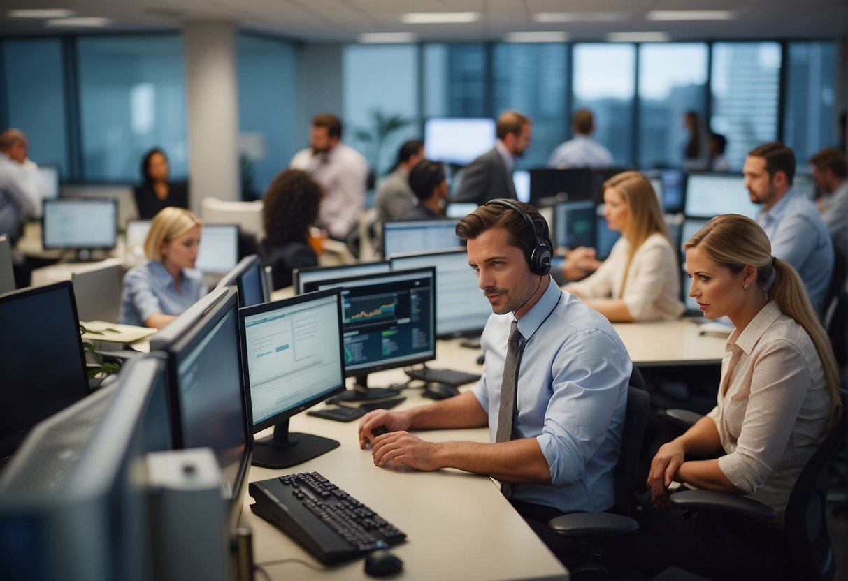 A bustling office with employees collaborating on communication strategies. A data erasure process is depicted, emphasizing its impact on business continuity planning