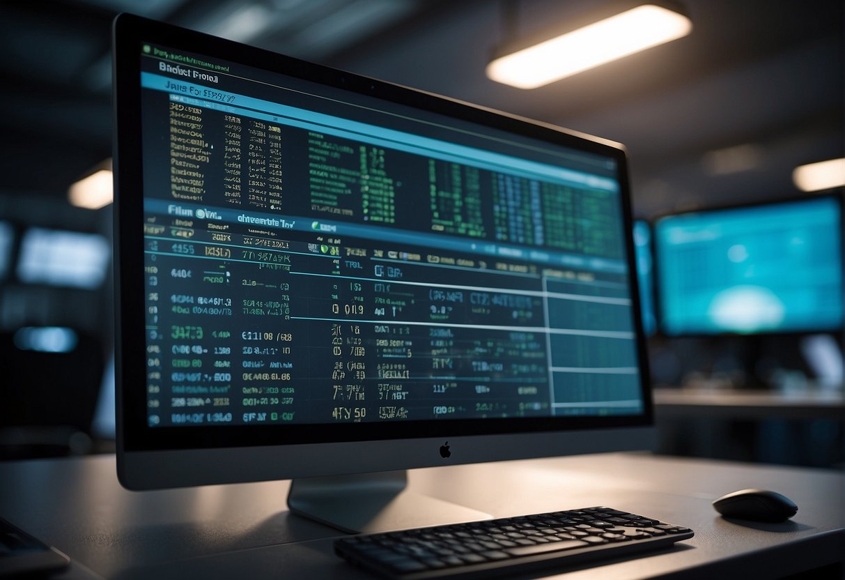 A computer screen displays data erasure software in action, with a progress bar indicating the wiping process. Regulatory audit documents are shown being securely erased in the background