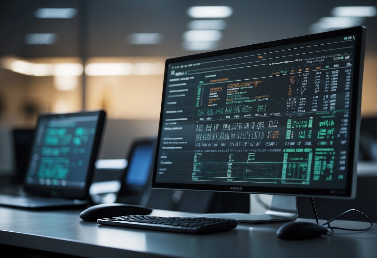 A computer screen displays data erasure software in action, with regulatory audit documents in the background. Security measures are depicted through lock icons and data deletion progress bars