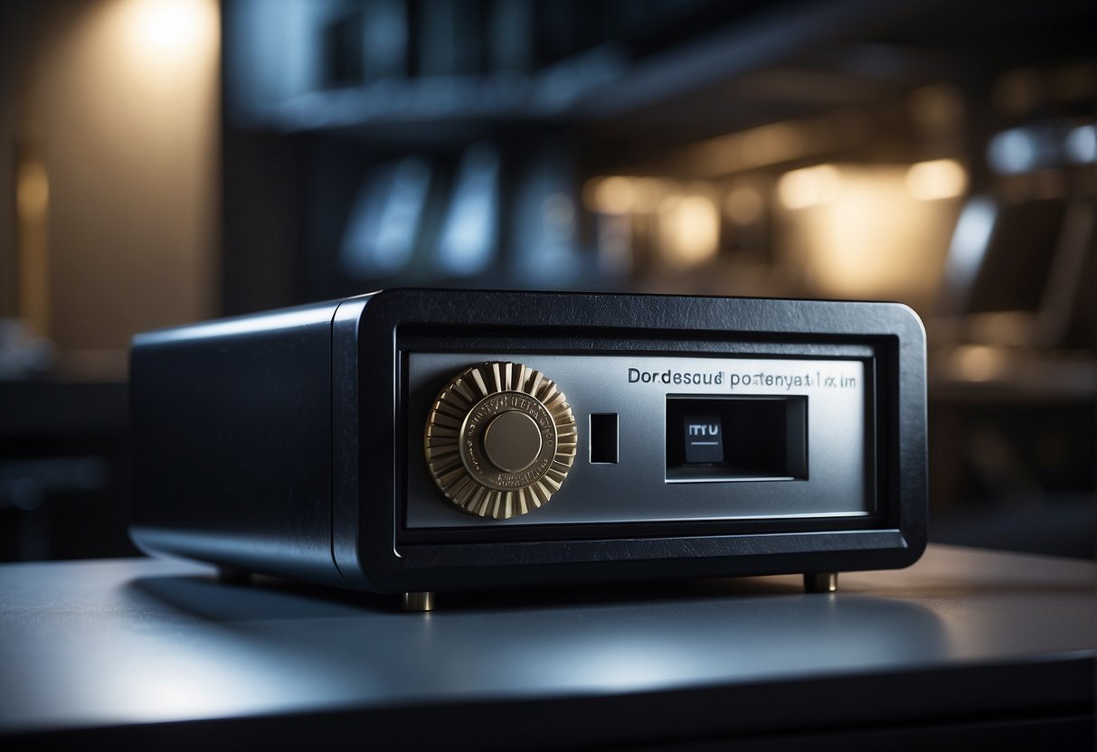 A secure vault with a digital lock containing confidential documents labeled "Trade Secrets" and "Intellectual Property." A shredder nearby destroying old hard drives and disks