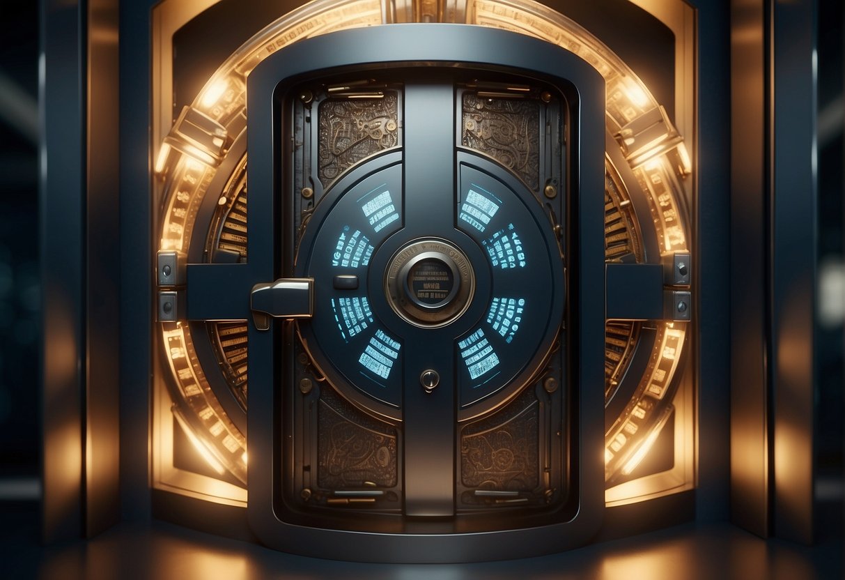 A secure vault door with a glowing "Data Erasure" sign, surrounded by intricate locks and security measures, symbolizing the importance of protecting trade secrets