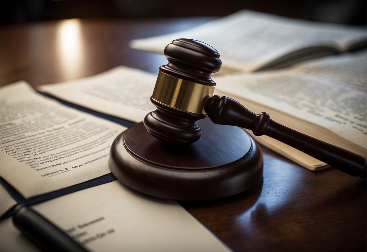 A courtroom with a judge presiding over a case involving trade secrets. Documents labeled "Legal Framework" and "Compliance" are presented as evidence