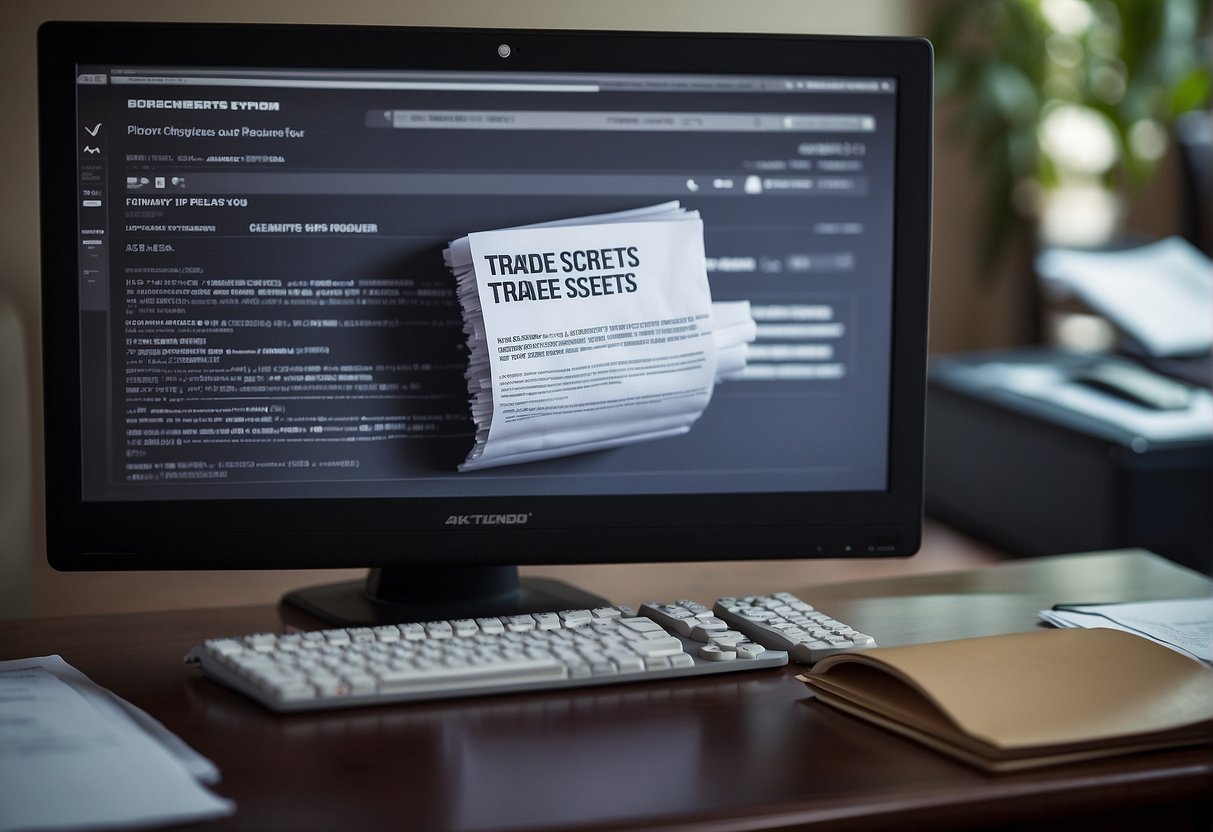 A secure shredder destroys a stack of documents labeled "Trade Secrets" while a computer screen displays a progress bar for data erasure