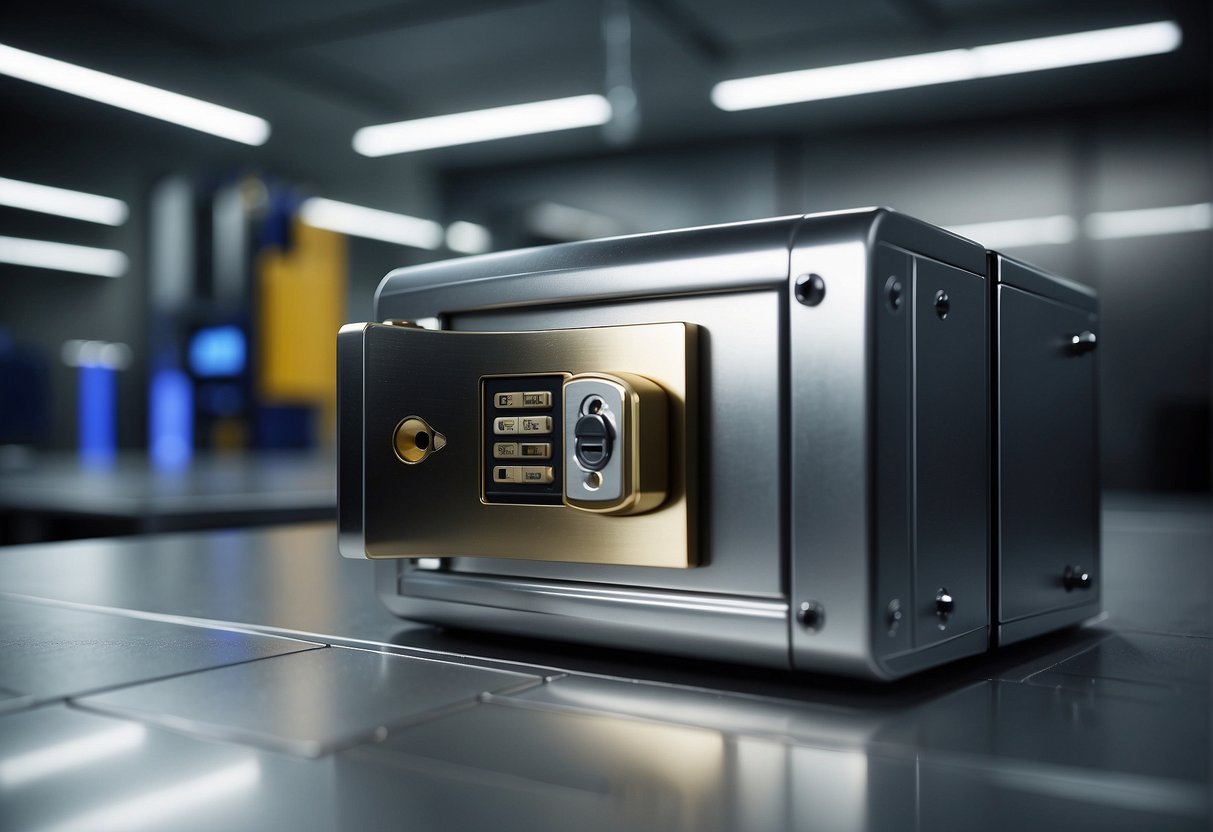 A secure vault with a digital lock containing a hard drive being wiped clean by a powerful data erasure tool