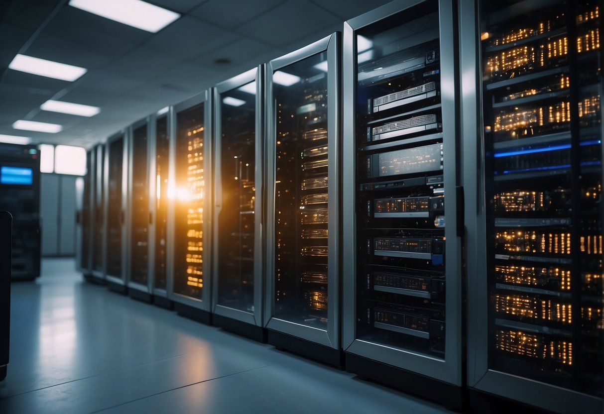 A secure data erasure process in a high-tech facility, with servers and storage devices being wiped clean to protect trade secrets