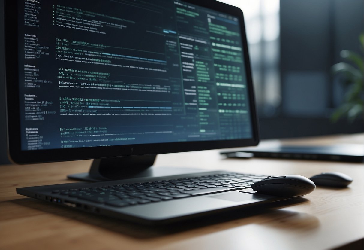 A secure data erasure process in action, with a computer screen displaying sensitive information being wiped clean, while a digital eraser tool is shown removing all traces of the data