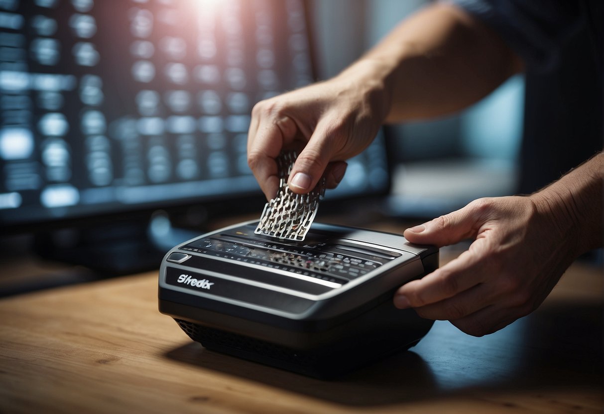 A hand holds a wearable device over a shredder, with data being erased from the device. The shredder's blades are cutting through the device, ensuring user privacy