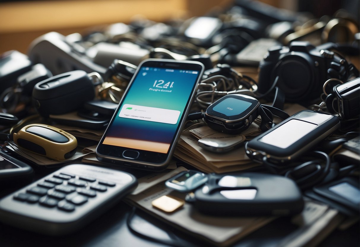 A pile of discarded wearable devices being securely wiped clean of data, surrounded by legal documents and regulatory guidelines