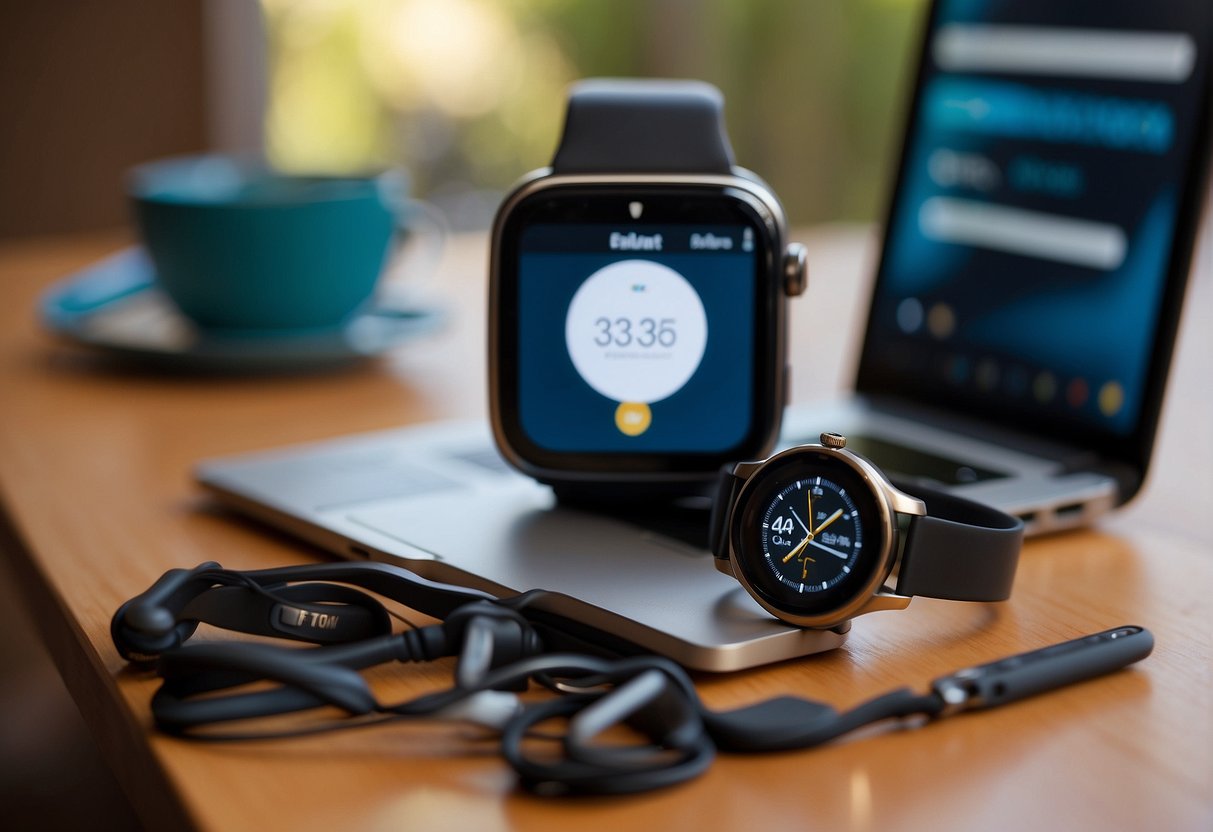 A table with a smartwatch, fitness tracker, and earbuds. A laptop displaying data erasure software. A lock symbol indicating privacy protection