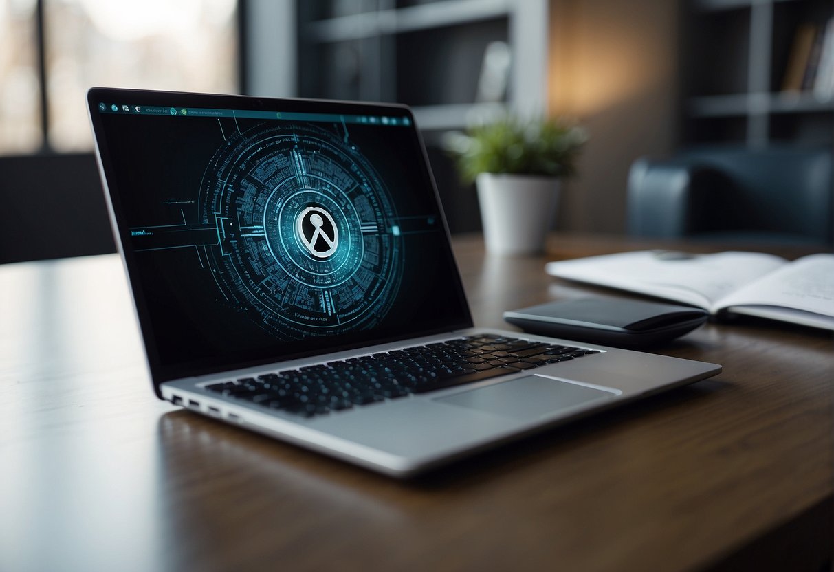 A laptop being remotely wiped clean of data, with a secure connection symbol in the background