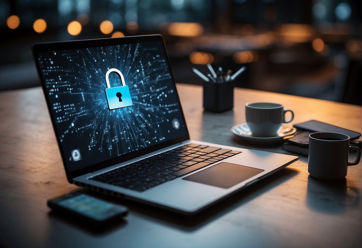 A laptop with a lock symbol and a secure network connection, surrounded by scattered data erasure tools and a remote workforce security manual