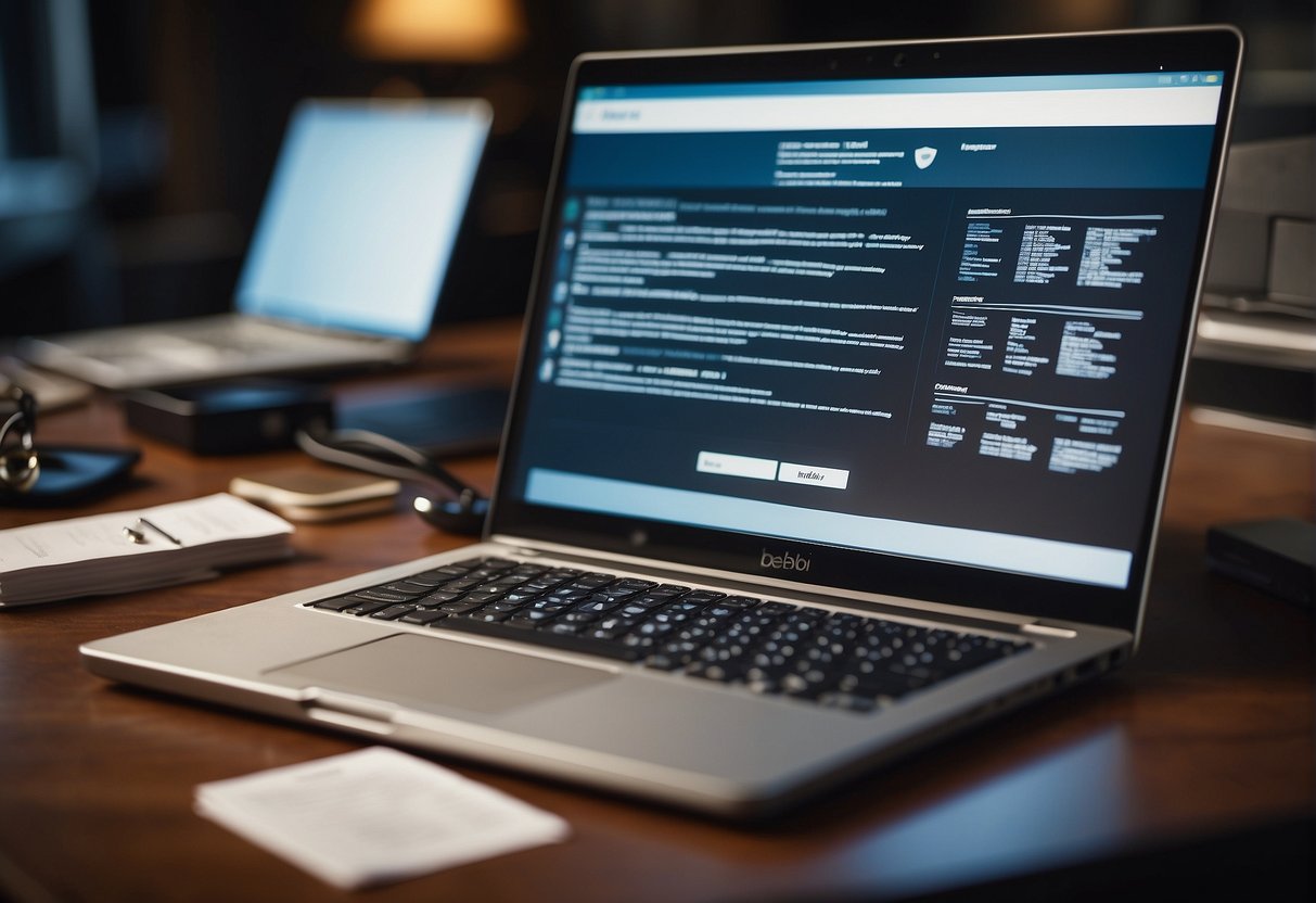 A laptop being remotely wiped clean, surrounded by legal documents and security protocols