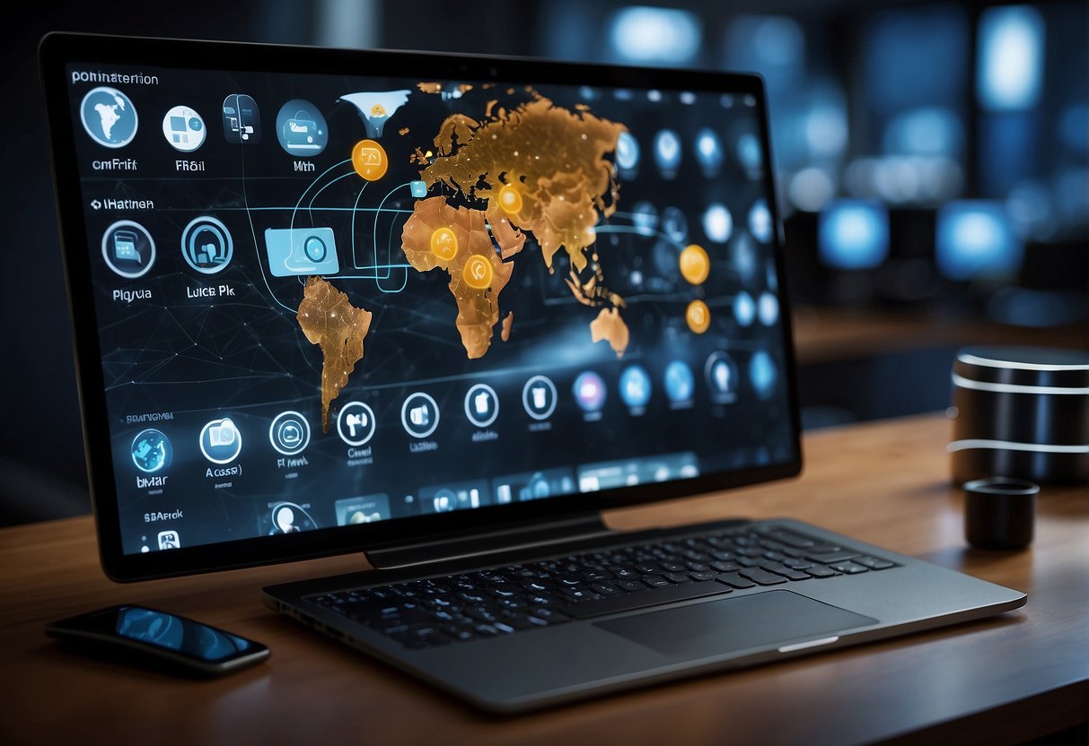 Multiple devices connected by a secure network, with a shield or lock symbolizing data protection. Screens displaying remote work applications