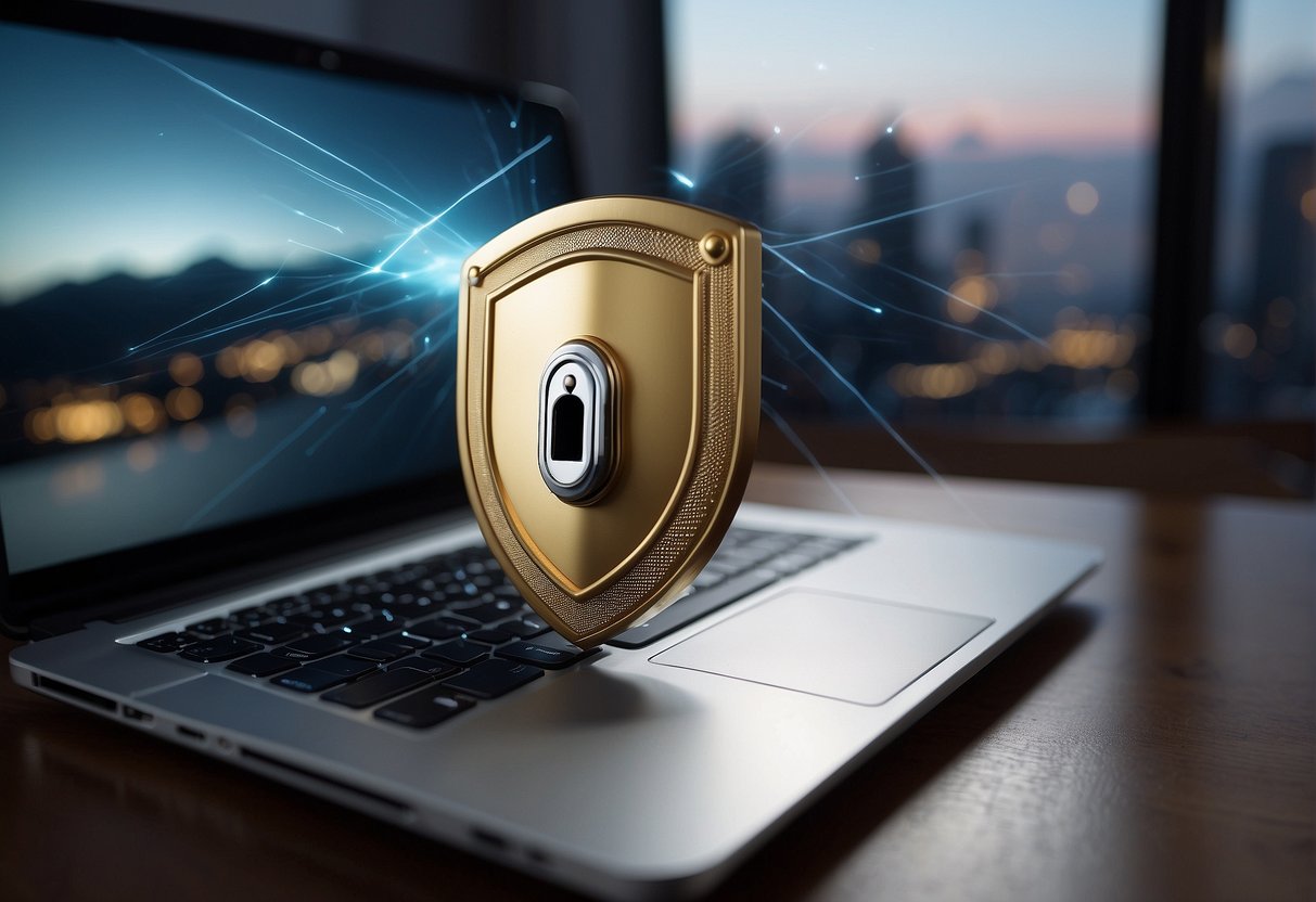 A laptop with a lock icon on the screen, surrounded by a shield and lock symbols, with a cloud in the background