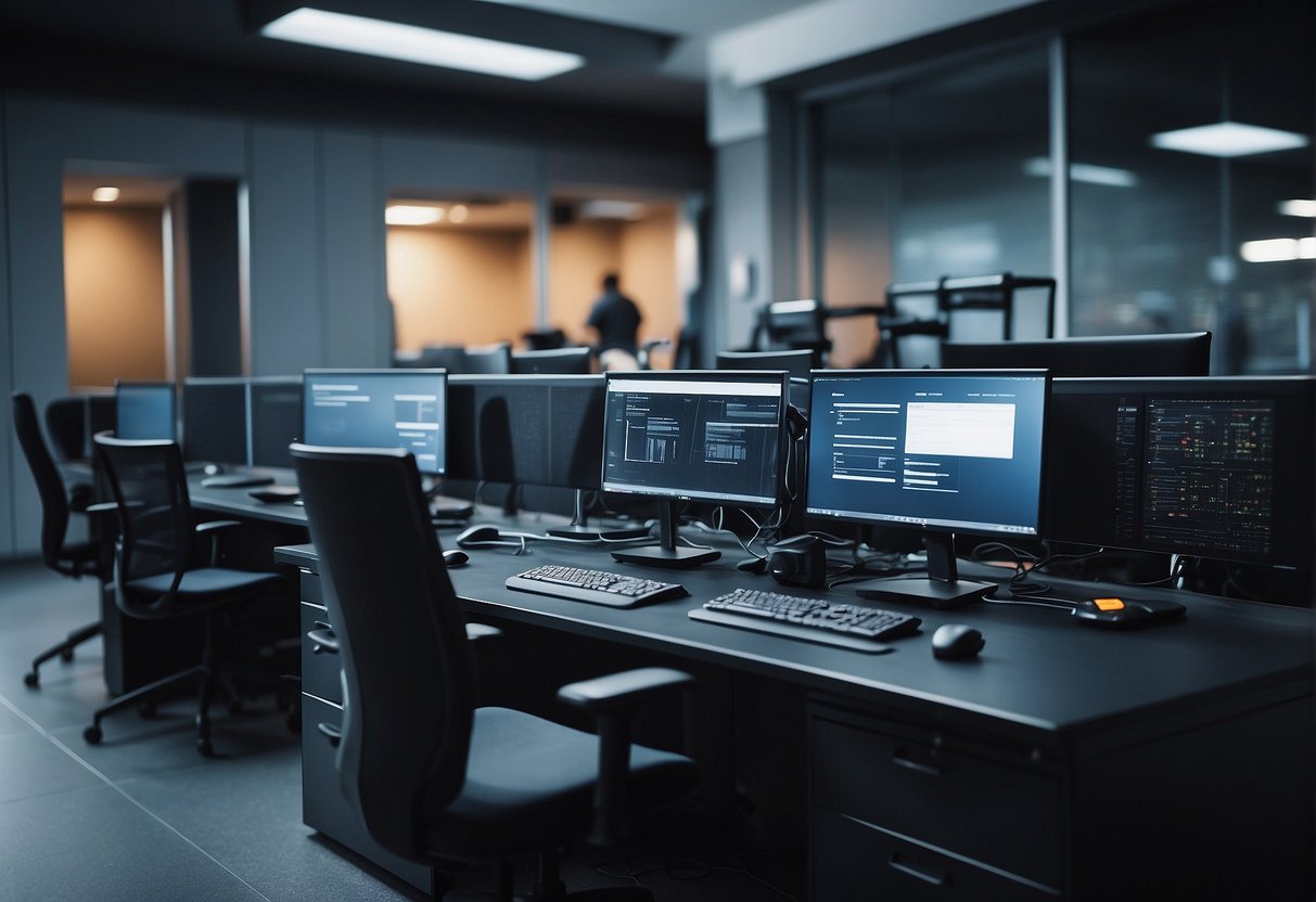 A secure remote workspace with computers, servers, and mobile devices being wiped clean of sensitive data. Locks, encryption, and secure disposal methods are visible