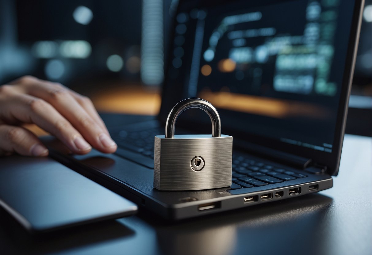 A laptop being remotely wiped clean of data, with a secure connection and a lock symbol to represent the benefits of data erasure for remote workforce security
