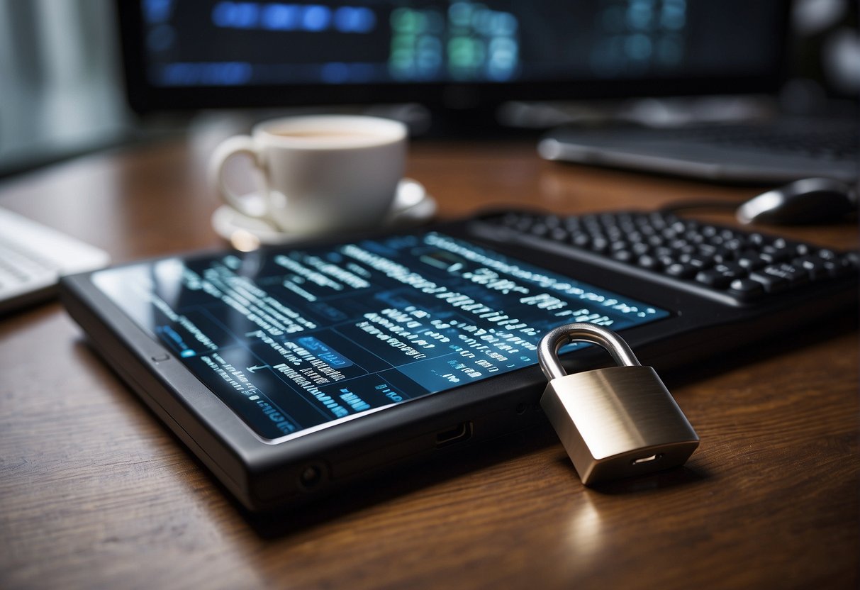 A desk with a laptop, external hard drive, and data erasure software. A secure remote work environment with a padlock symbolizing data protection
