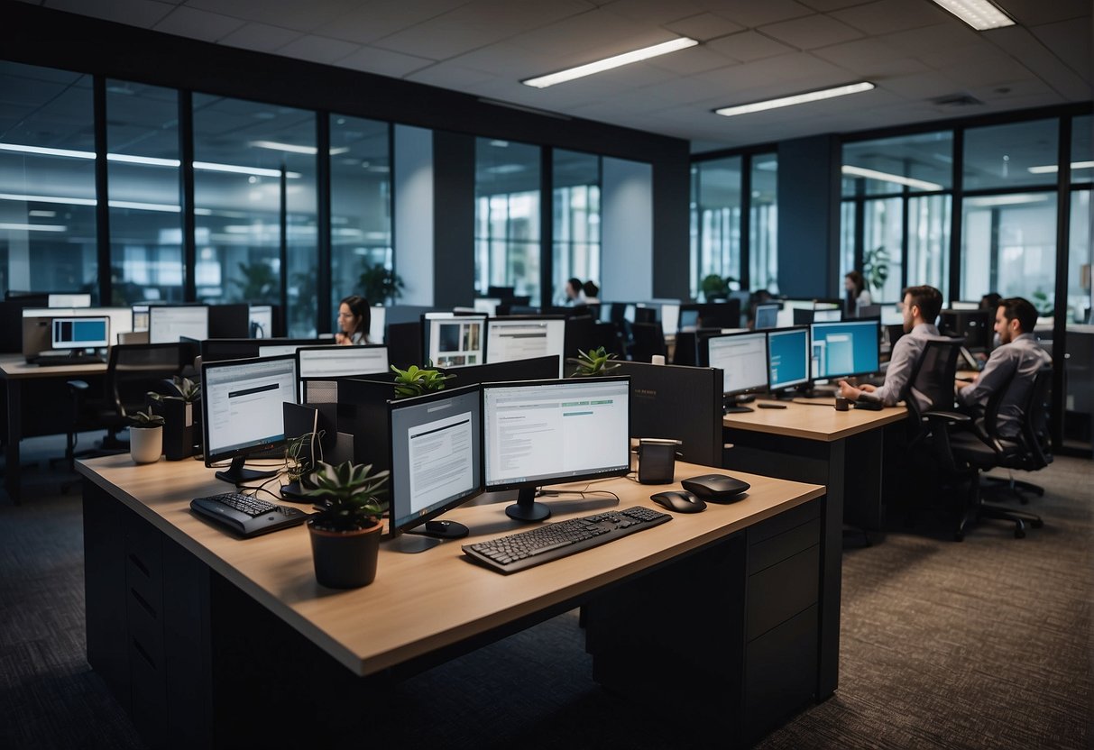 A bustling office space with scattered laptops and remote work equipment, showcasing the shift towards a virtual workforce. Data erasure software is prominently displayed, highlighting the importance of security in a remote work environment