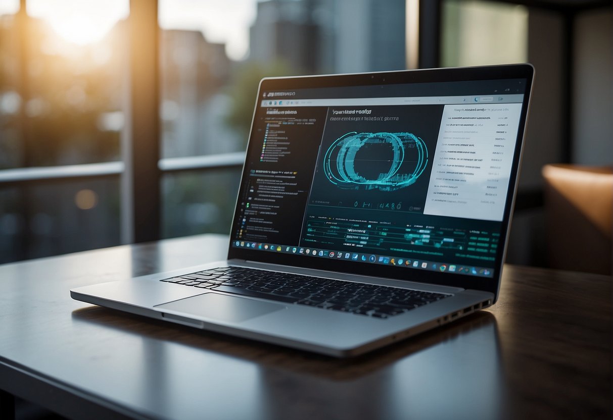 A laptop and a secure data erasure software in action, with a remote workforce in the background