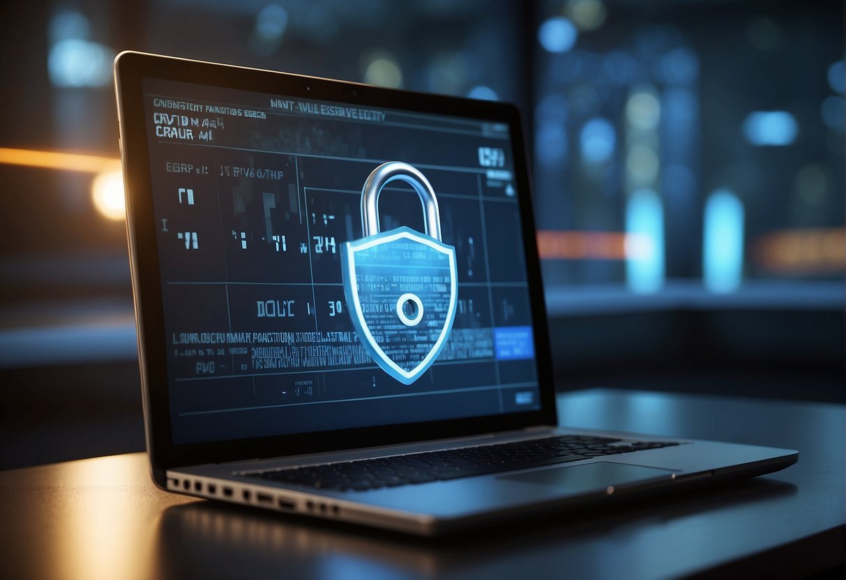 A computer screen displaying a secure data erasure process, with a padlock symbol and a progress bar indicating the deletion of sensitive information, while a shield icon represents protection against data leaks