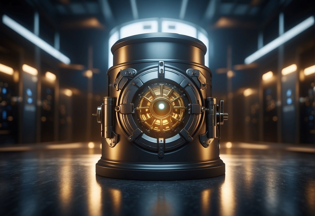 A locked vault with a glowing shield around it, surrounded by digital devices being wiped clean