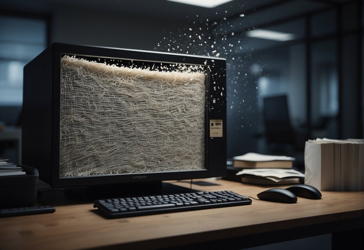 A computer screen displaying sensitive information being erased, a paper shredder destroying documents, and a locked filing cabinet
