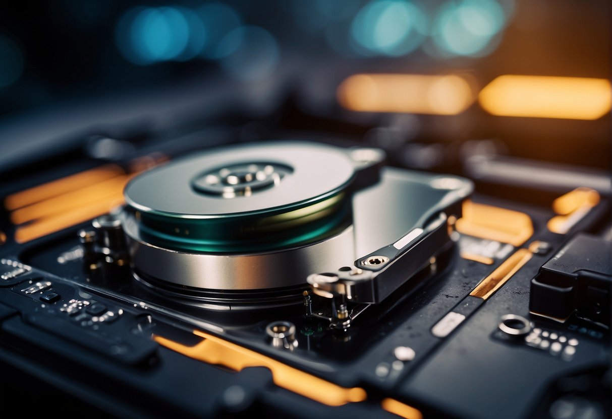 A computer hard drive being wiped clean with a secure data erasure tool, ensuring all data is completely destroyed to prevent leaks