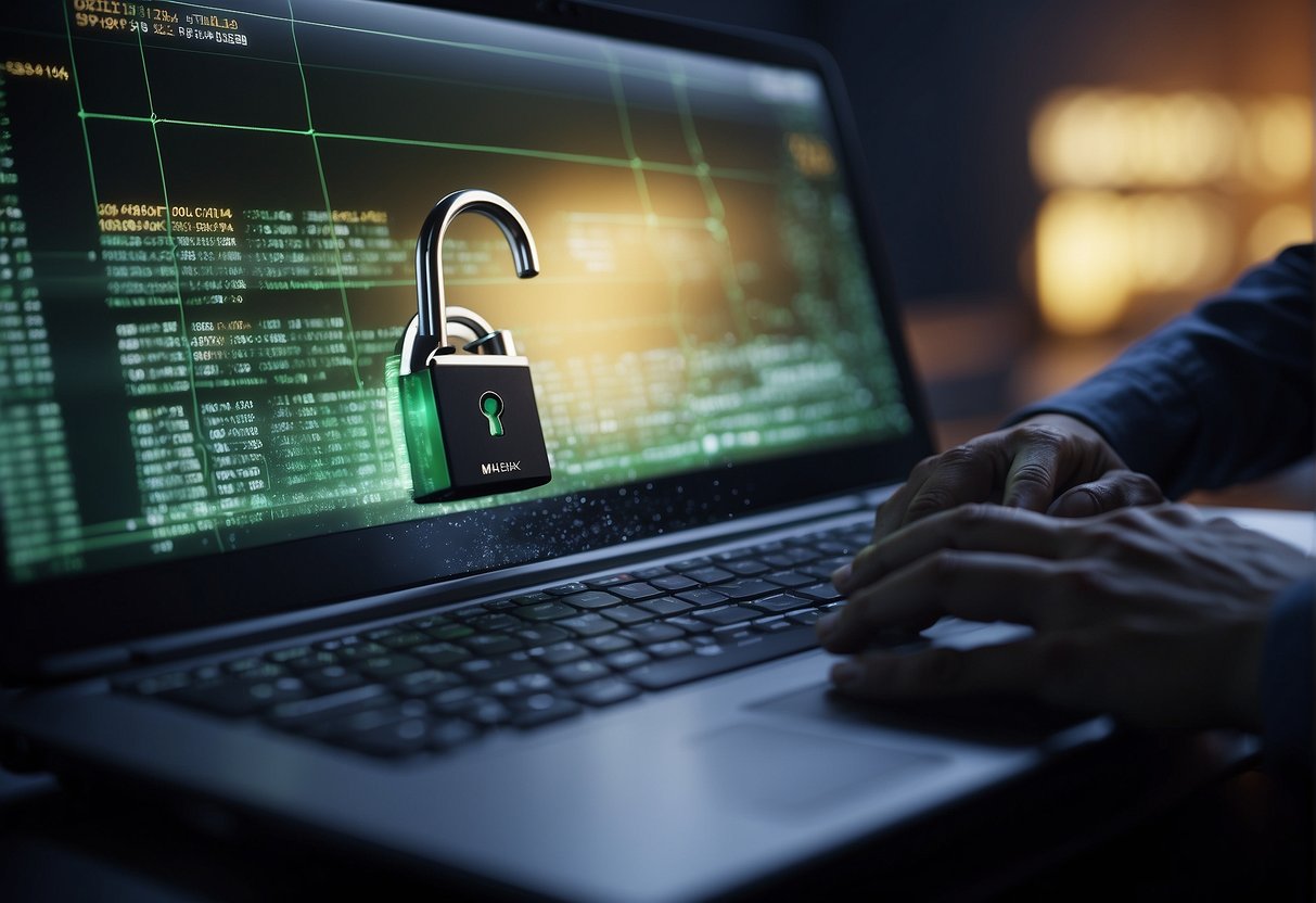 A computer being wiped clean with a software tool, data disappearing from the screen, a lock icon symbolizing security