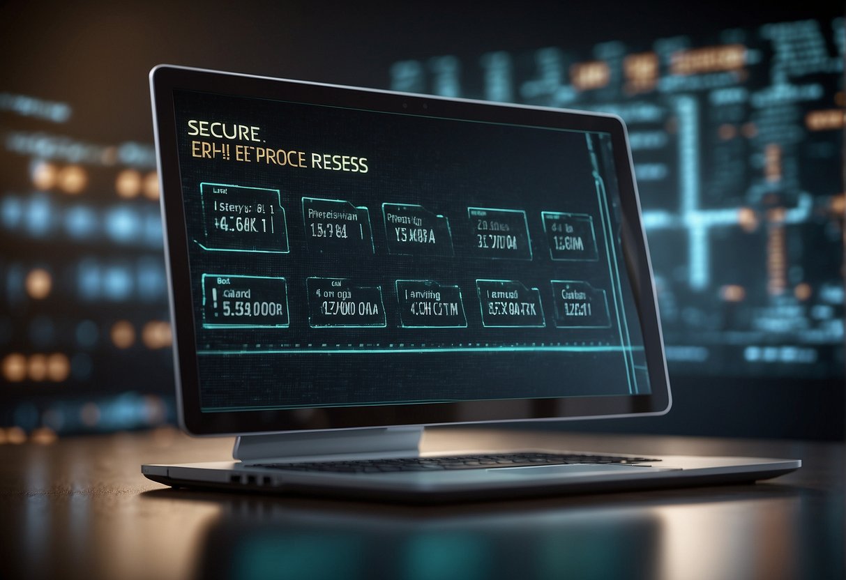 A computer screen displaying a secure data erasure process with a padlock symbol, a progress bar, and a checklist of best practices
