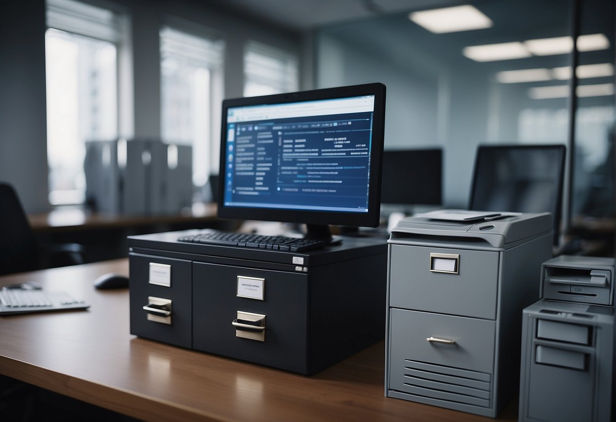 A secure data erasure process in a professional office setting, with a computer being wiped clean and a locked filing cabinet symbolizing regulatory compliance and data privacy laws