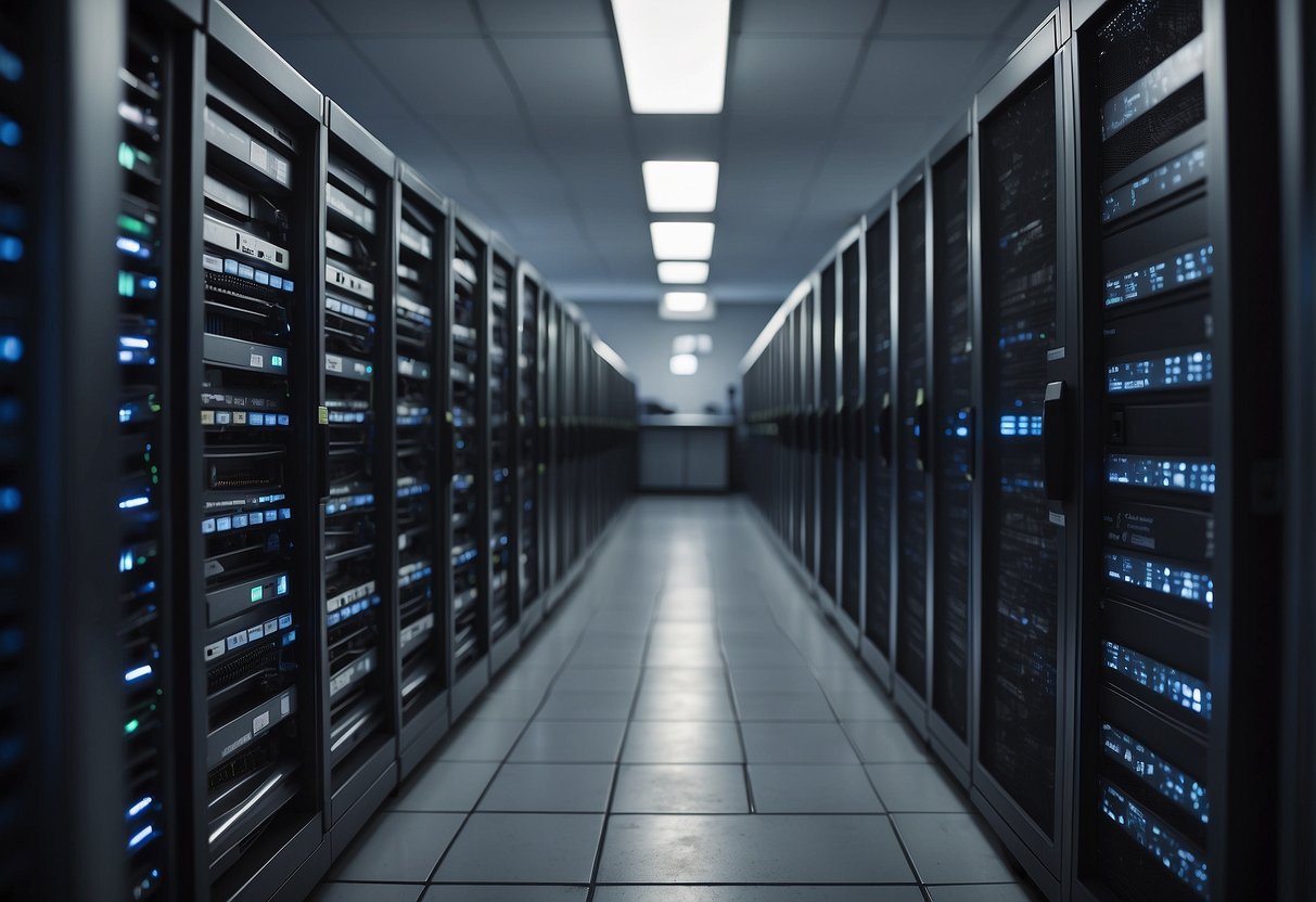 A server room with rows of computers being wiped clean, while a document shredder destroys paper files. A lock and key symbolize data security