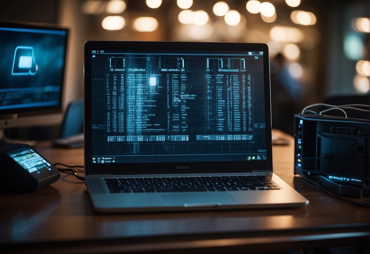 A computer with a secure data erasure software running, surrounded by digital locks and shields to symbolize protection and trust