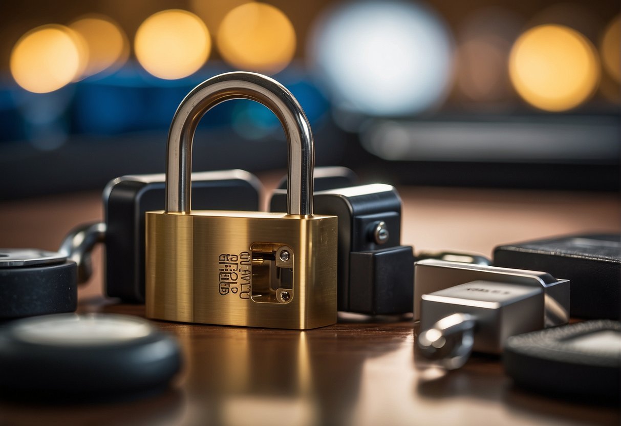 A lock securing a variety of storage devices, with a data erasure tool in the background, symbolizing the role of data erasure in protecting customer trust