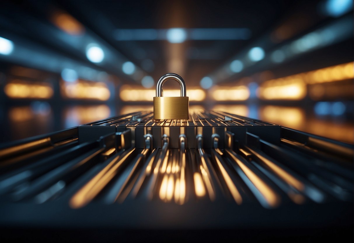 A secure vault with a padlock, shielded by a digital firewall, surrounded by layers of encryption, protecting sensitive data from potential breaches
