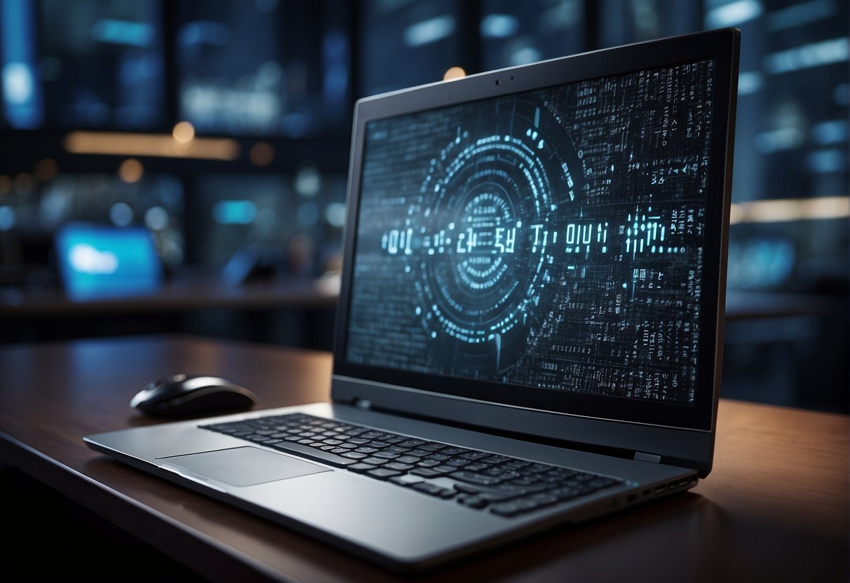 A computer screen displaying a secure data erasure process, surrounded by symbols of trust and accountability