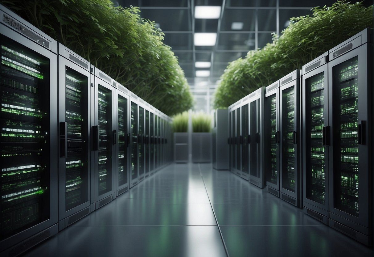 A server room with rows of neatly organized data storage units, surrounded by greenery and renewable energy sources, showcasing sustainable data erasure practices
