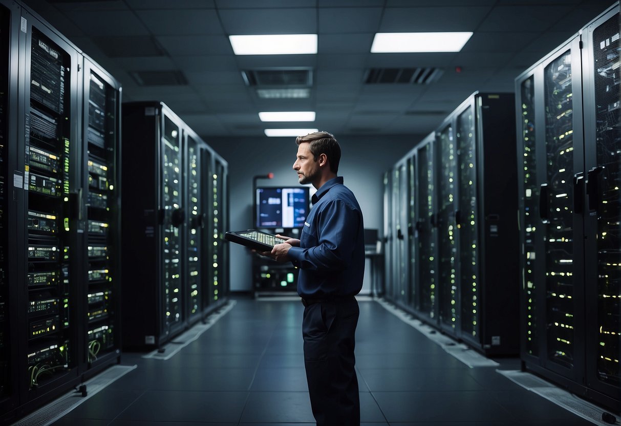 A server room with racks of network equipment being wiped clean, while technicians monitor the process