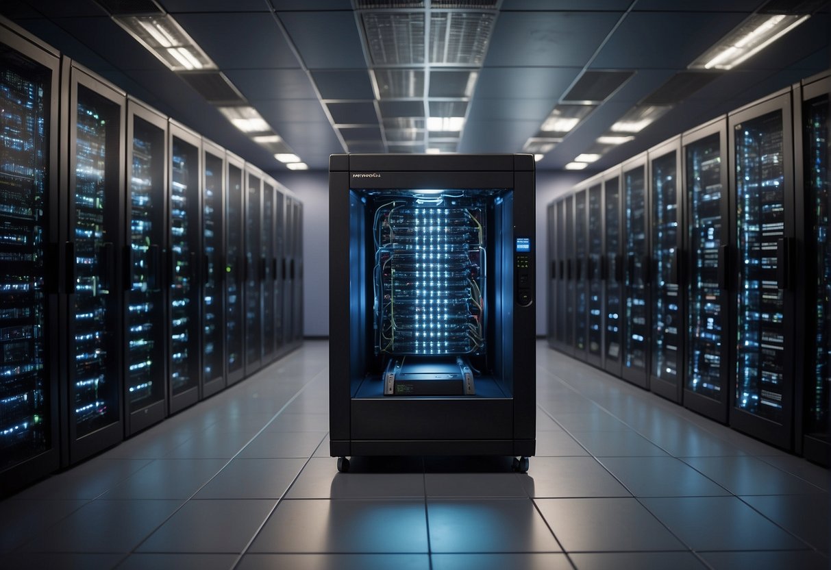 A server room with racks of networking equipment and data storage devices. A technician using specialized software to securely erase data from decommissioned devices
