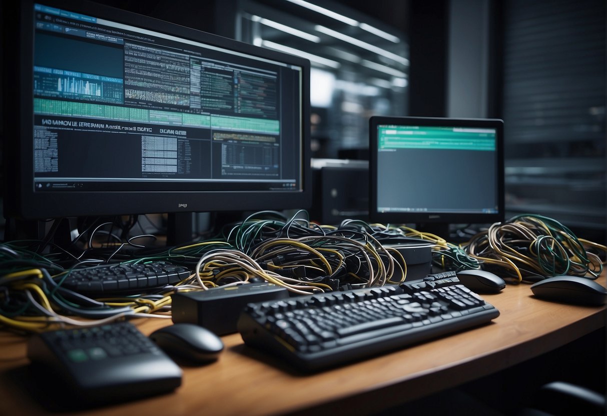 A cluttered office desk with piles of data storage devices and a computer screen displaying error messages, surrounded by tangled cables and wires