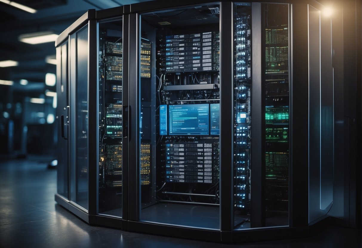 A telecommunications server surrounded by a shield of data security measures, with a focus on data erasure techniques to protect sensitive information