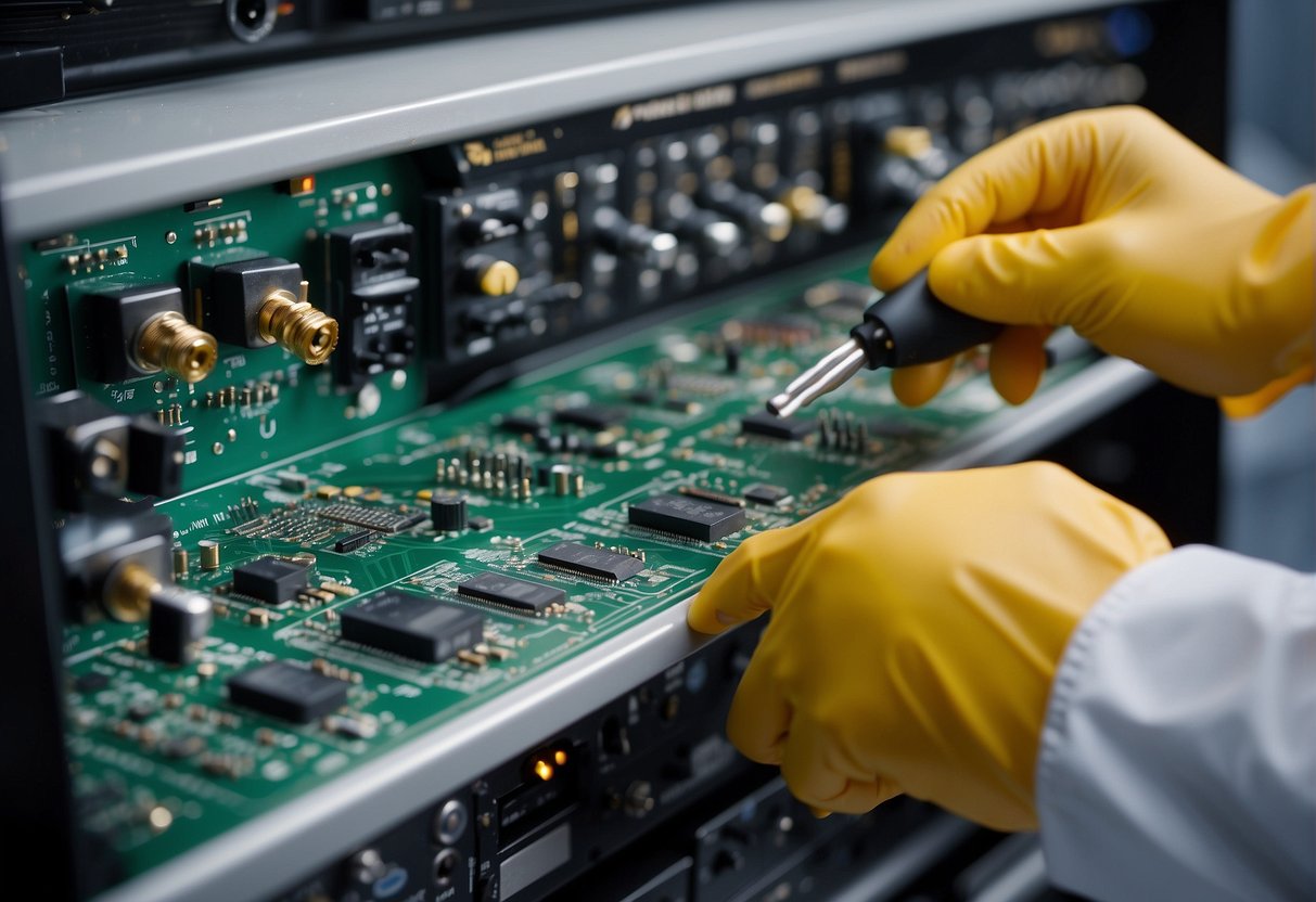 Telecom equipment being wiped clean with specialized software and tools, ensuring complete data erasure