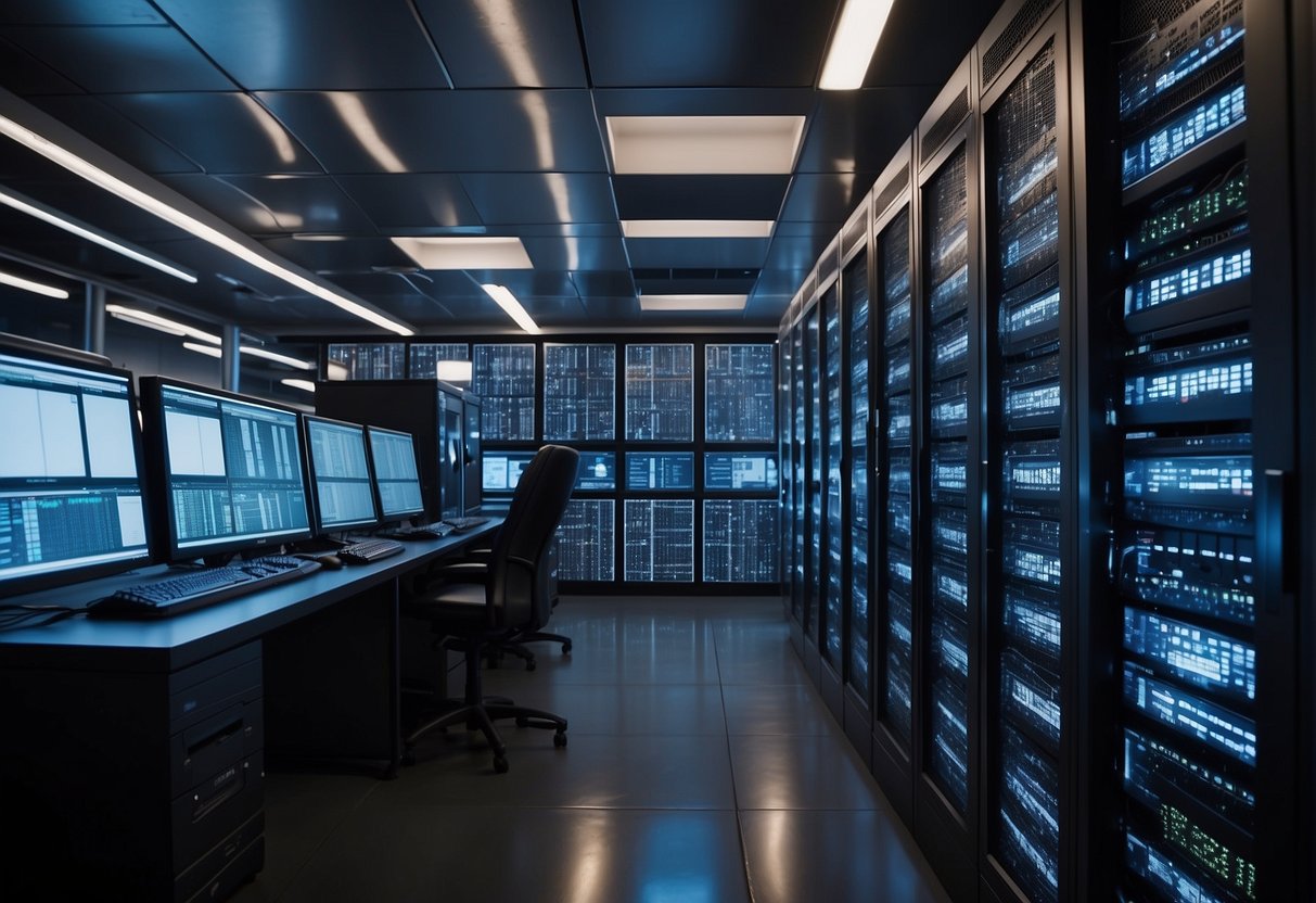 A server room filled with rows of high-tech equipment, with data erasure software running on computer screens, and technicians monitoring the process