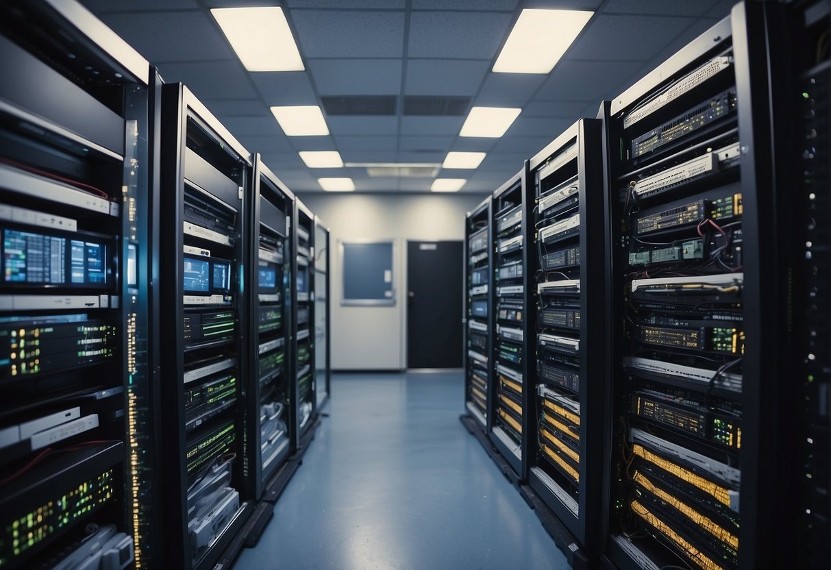 A telecommunications server room with data erasure equipment and technicians troubleshooting challenges